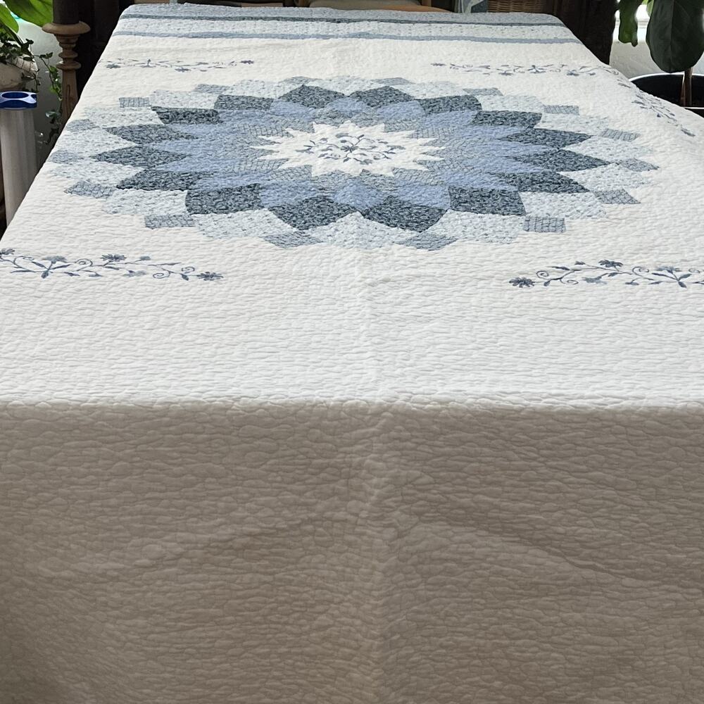 Quilted Bedspread 97"X11" Charlotte Scallop Blue Floral Embroidered